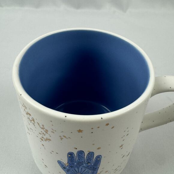 Hamsa Hand Ceramic Coffee Tea Mug 20 oz Blue Hand Gold Colored Stars Evil Eye - Picture 7 of 11